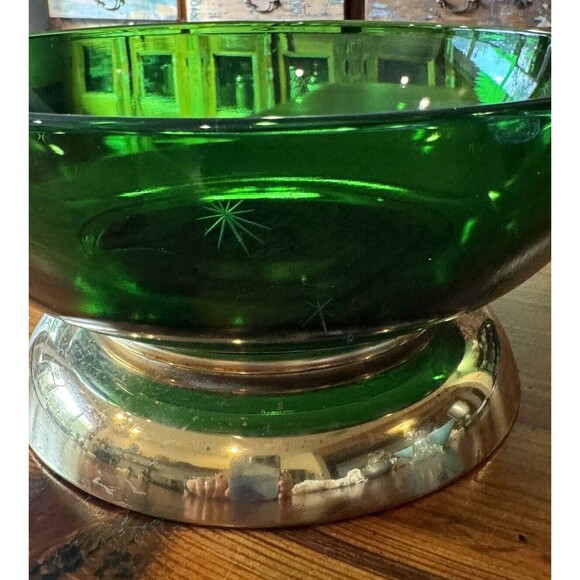 Paden City MCM Atomic Emerald Glo Green 9.25" Serving Bowl With Brass Base - Picture 2 of 14
